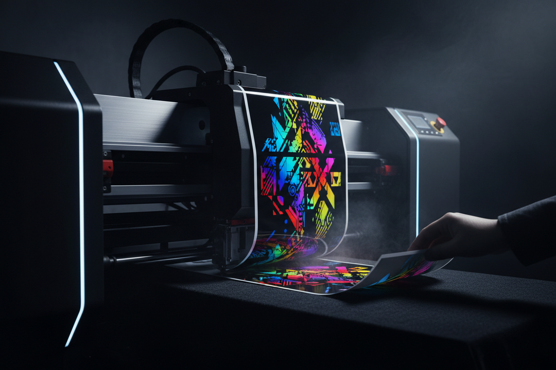 DTF printer producing a colorful custom transfer design
