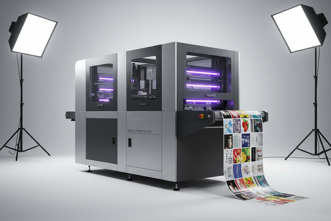 Industrial DTF printing machine with colorful printed roll and studio lights.