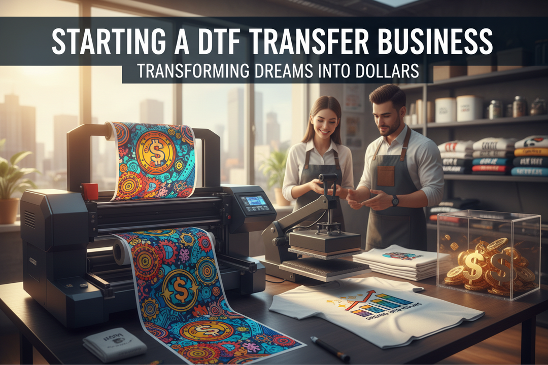 DTF transfer business setup with printing equipment, custom apparel production, and profit growth concept.