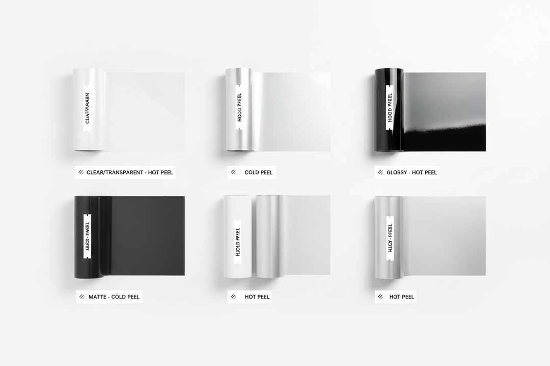 Different DTF transfer film types including hot peel, cold peel, glossy, and matte finishes