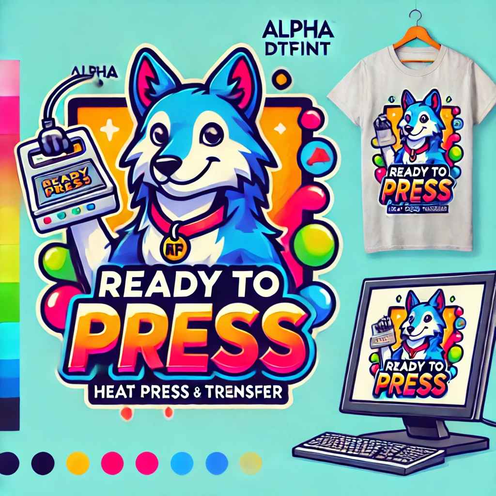  Ready to press-themed DTF transfer design by Alpha DTF Print featuring heat press tools and transfer-ready designs with a cheerful cartoon wolf mascot in a monitor frame.