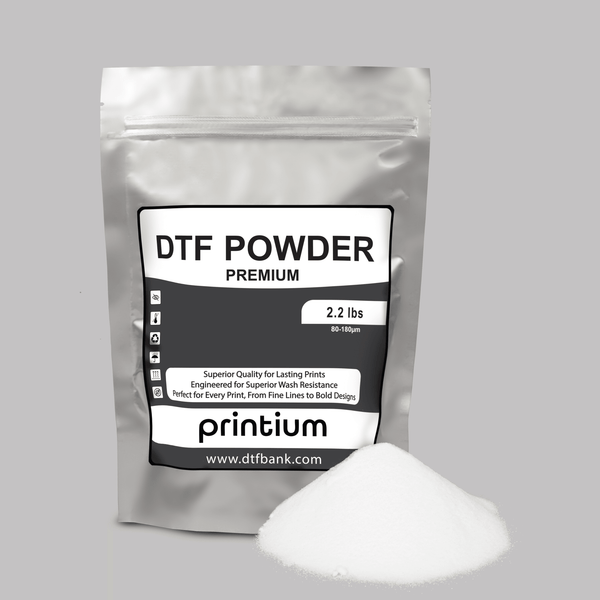 Premium DTF powder 2.2 lbs bag for transfers with white powder pile, printing supplies