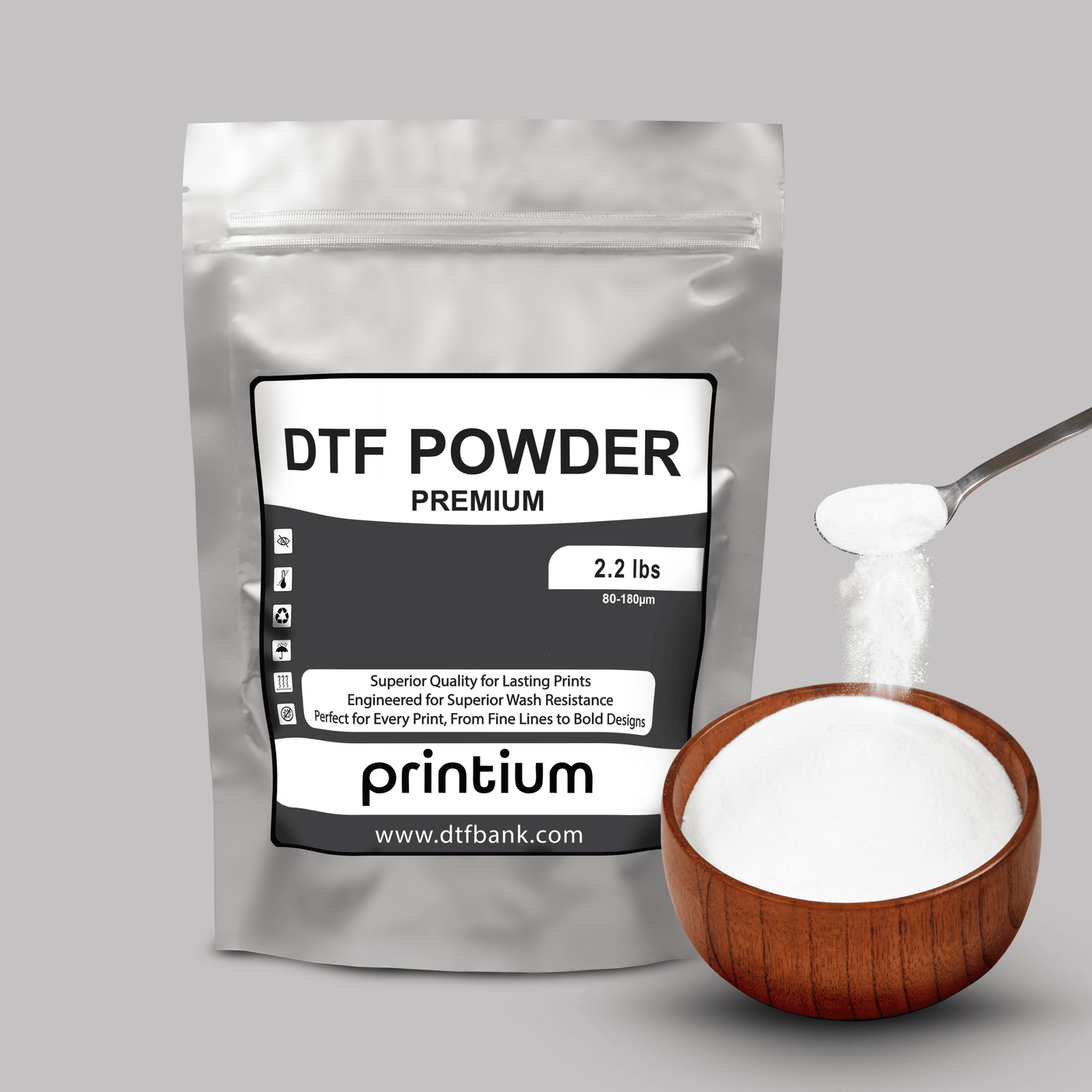 Premium DTF powder 2.2 lbs pouch with bowl and spoon, used for vibrant DTF transfers printing.