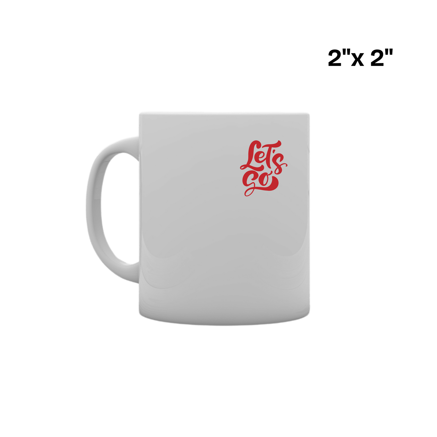 White mug with red 'Let's Go' text, featuring custom DTF transfer design on front