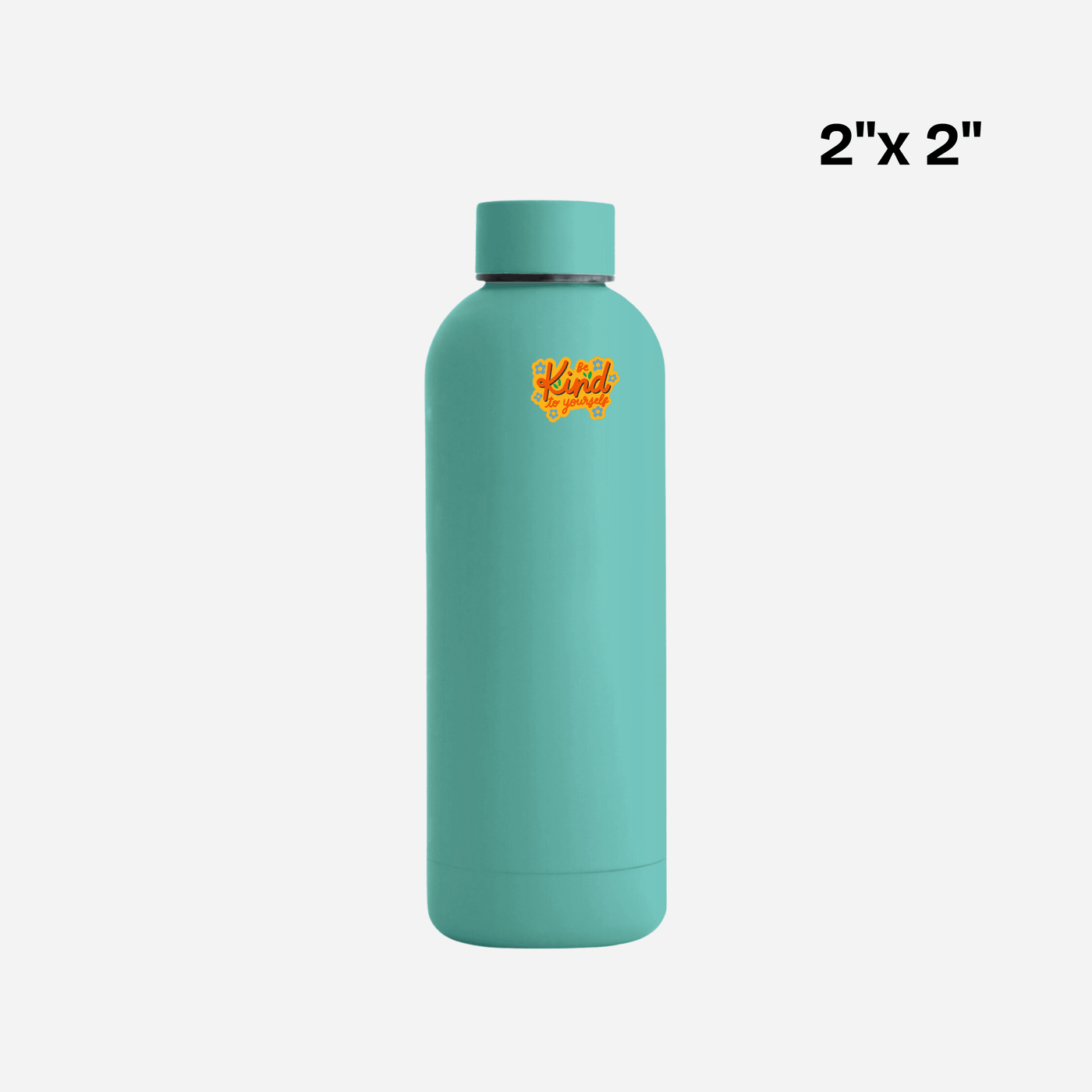 Turquoise water bottle with small UV DTF transfer design and 2x2 inch label size