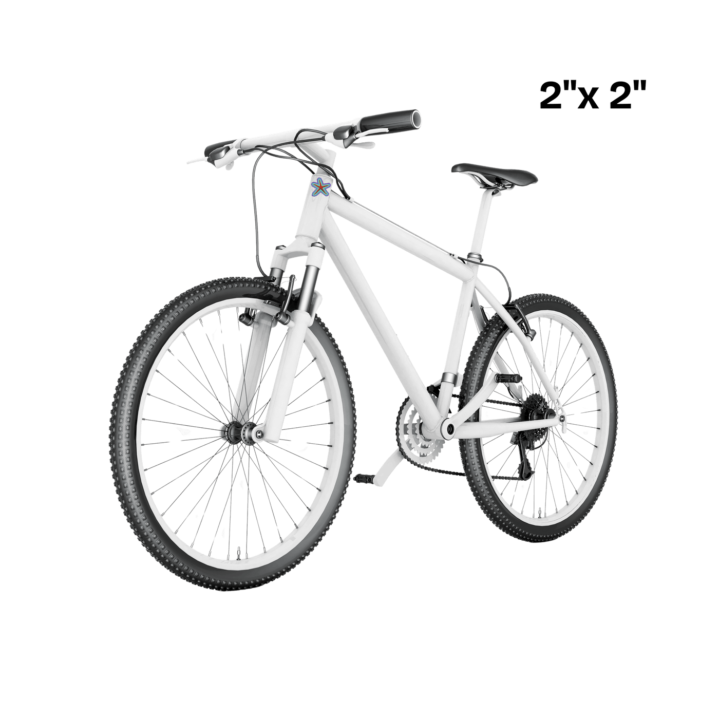 White mountain bike with colorful DTF transfer decal on black background