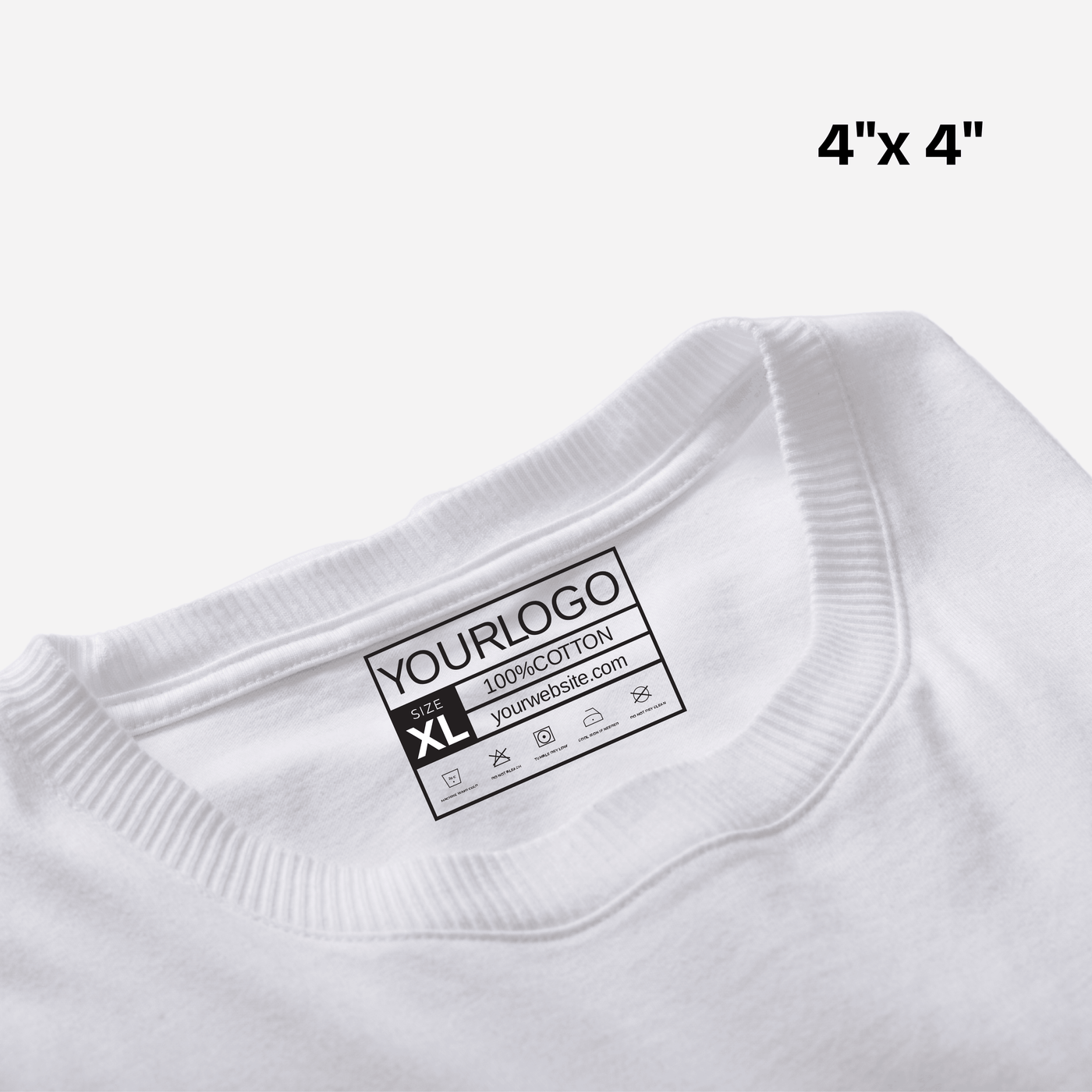 DTF transfer custom shirt neck label, size XL, 4x4 inch, white cotton garment