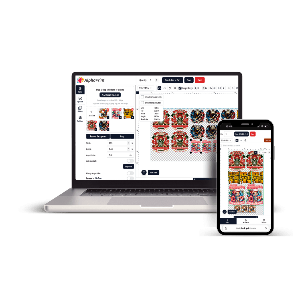 DTF transfer gang sheet builder displayed on laptop and smartphone screens