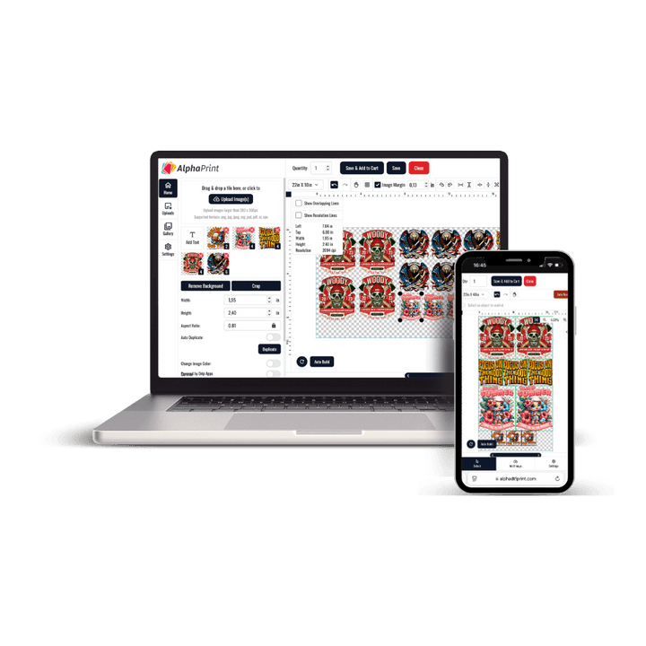 DTF transfer gang sheet builder displayed on laptop and smartphone screens