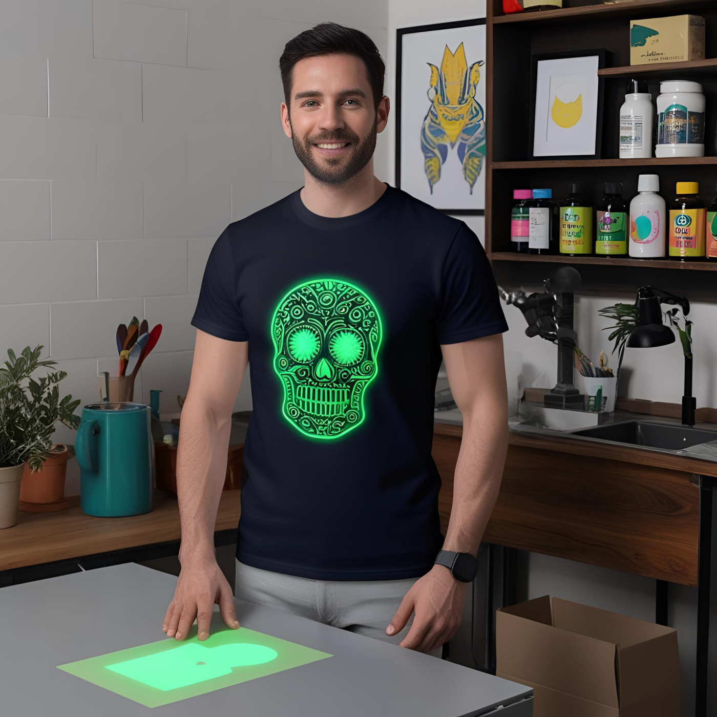 Man wearing black t-shirt with glow in the dark skull DTF transfer design in craft room