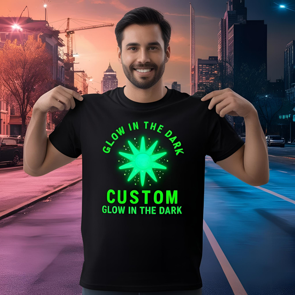 Man wearing black custom glow in the dark DTF transfer shirt with neon green star design