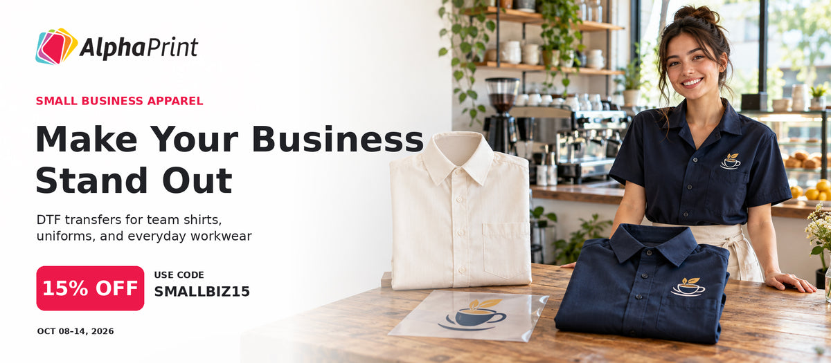Alpha Print small business apparel banner: café employee in a navy uniform shirt with a custom coffee cup logo DTF transfer. 15% off with code SMALLBIZ15.