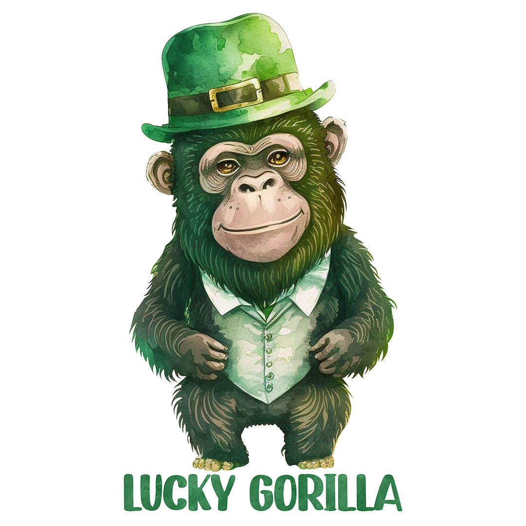 Alpha DTF Print | Lucky Gorilla - A fun and unique St. Patrick's Day design featuring a gorilla.