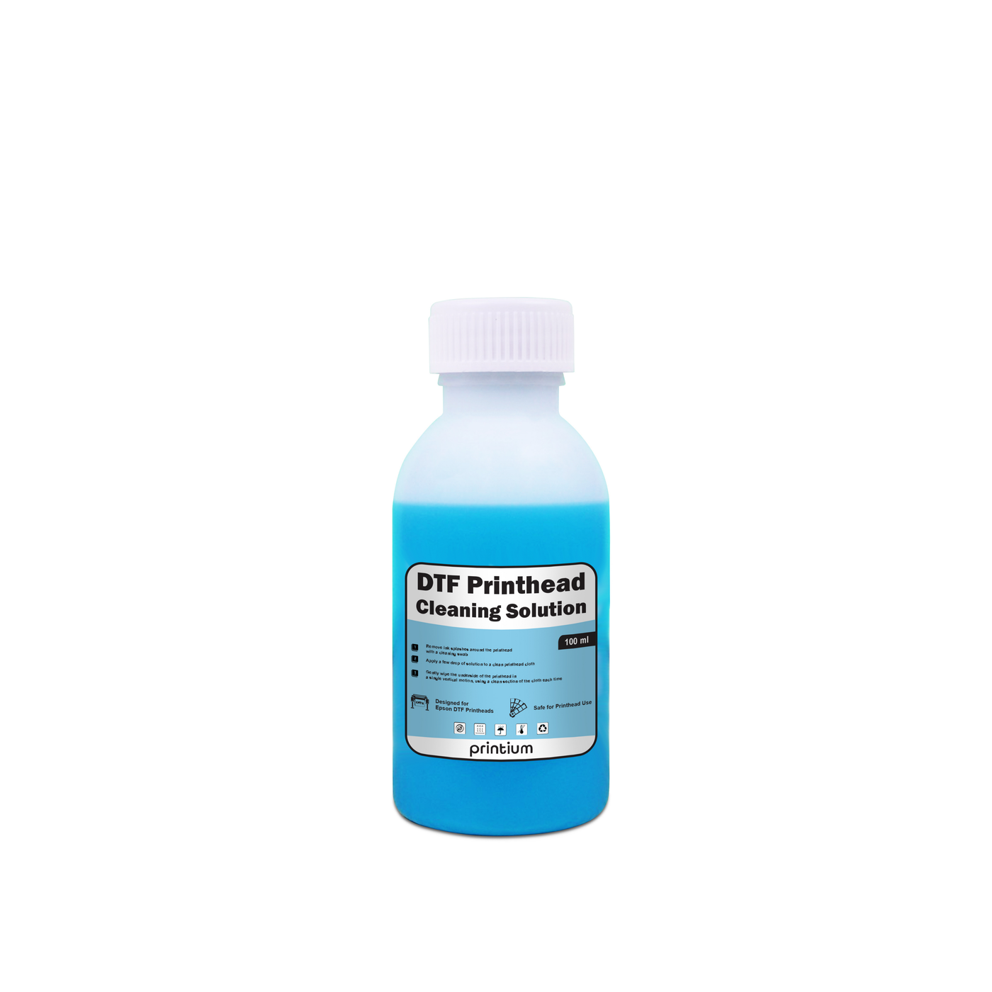 DTF printhead cleaning solution bottle with blue liquid for direct to film printer maintenance