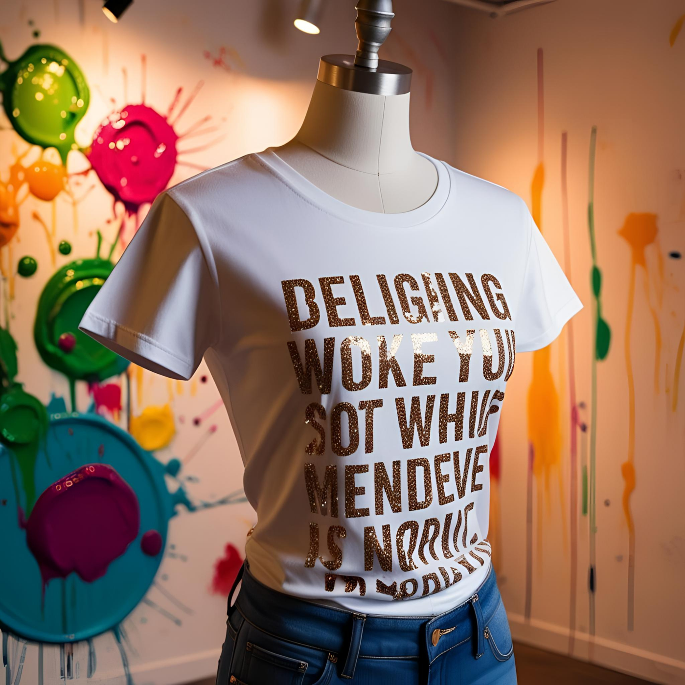 White t-shirt with glitter DTF transfer text on mannequin, colorful splatter art background