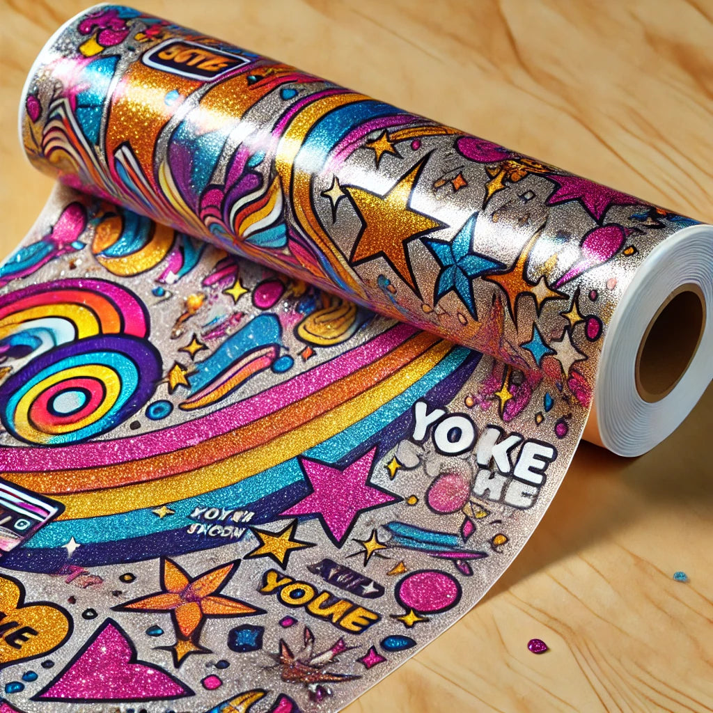 Glittery DTF transfer roll with vibrant stars, rainbows, and colorful graphic designs