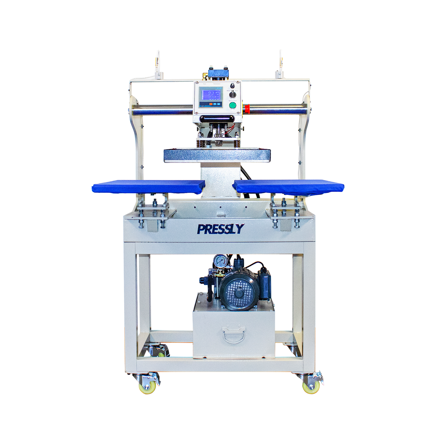 Industrial heat press machine with dual blue work surfaces for DTF and textile transfers