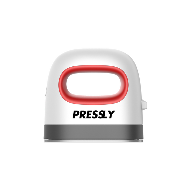 Mini heat press with red handle and PRESSLY logo, ideal for DTF transfer applications