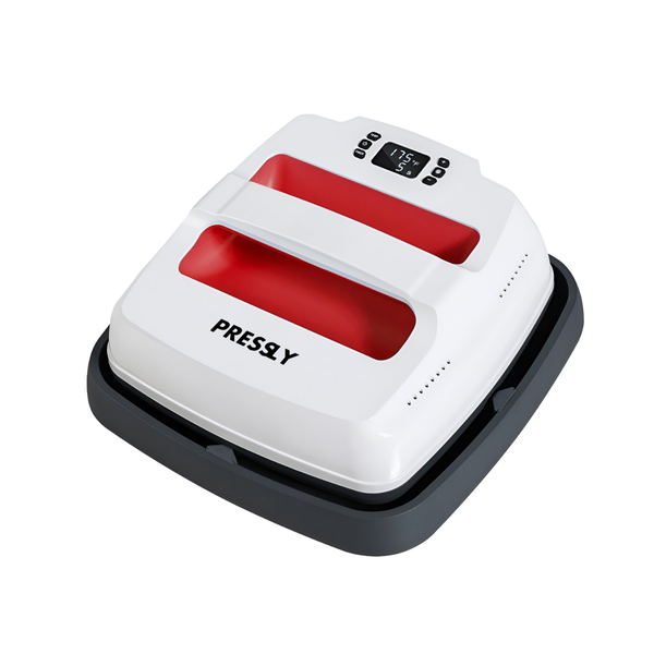 Red and white portable heat press machine with digital display for DTF transfers