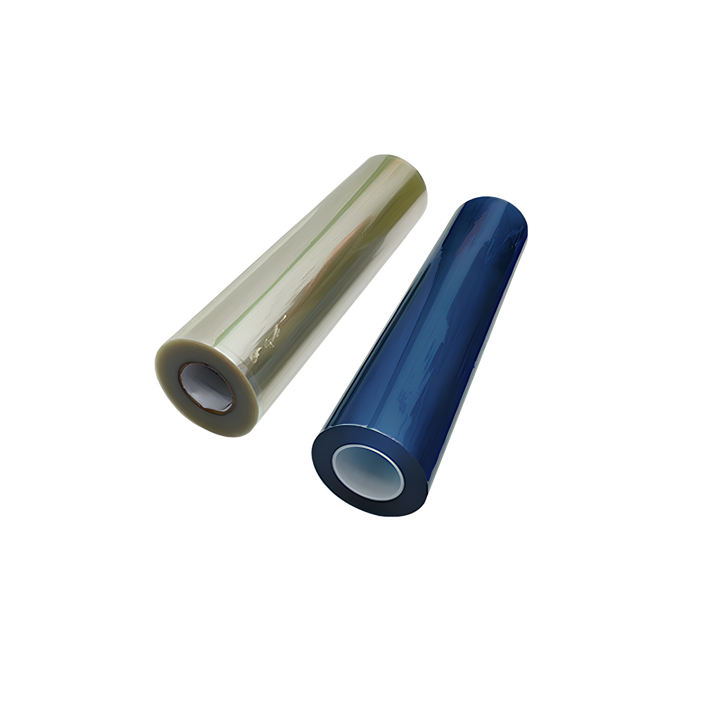 Two UV DTF film rolls, one clear and one blue, for high-quality transfer printing