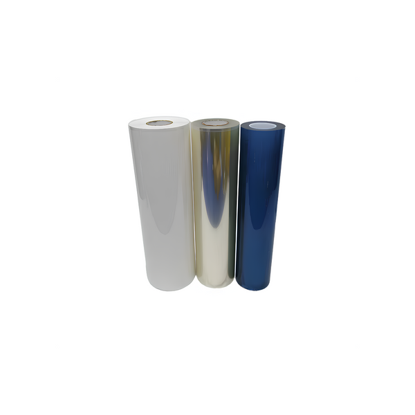 Three UV DTF transfer film rolls in white, clear, and blue on white background