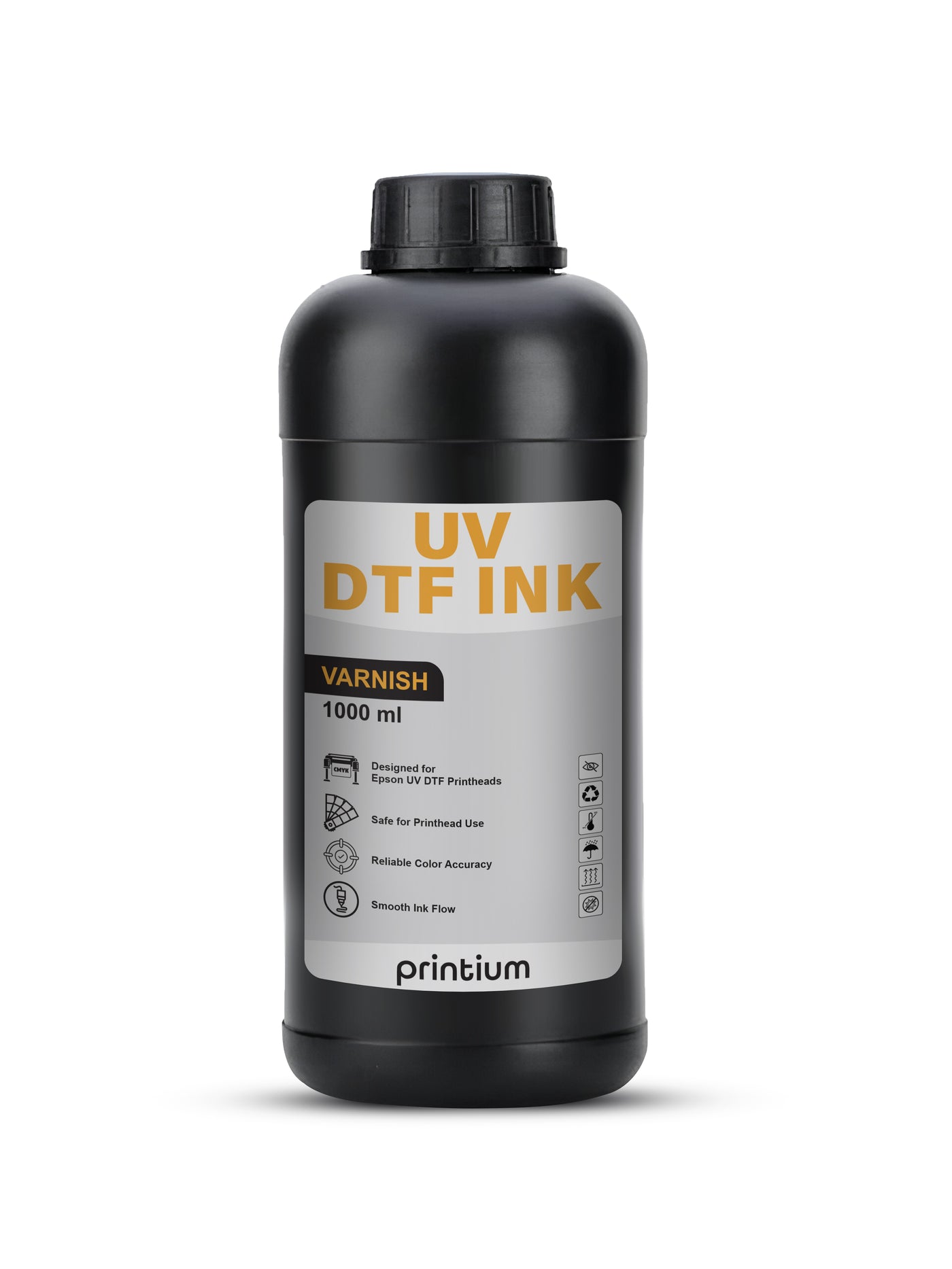 1000 ml black bottle of UV DTF varnish ink for DTF printers, labeled for printhead use